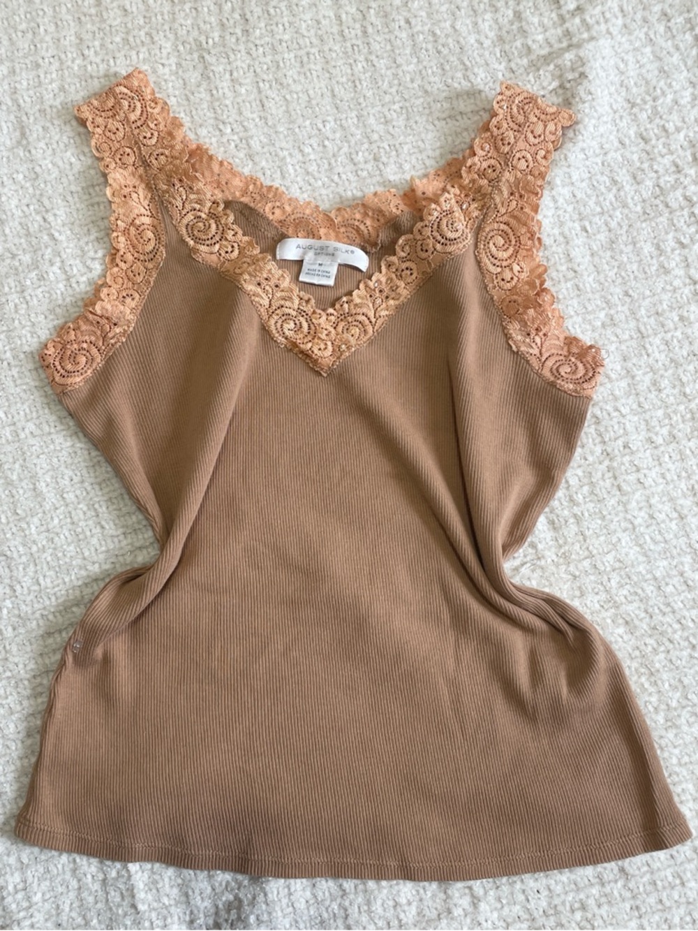 Vtg August Silk Lace-Trim Ribbed Cami tank Tan/Camel Coquette Fairycore Y2K M